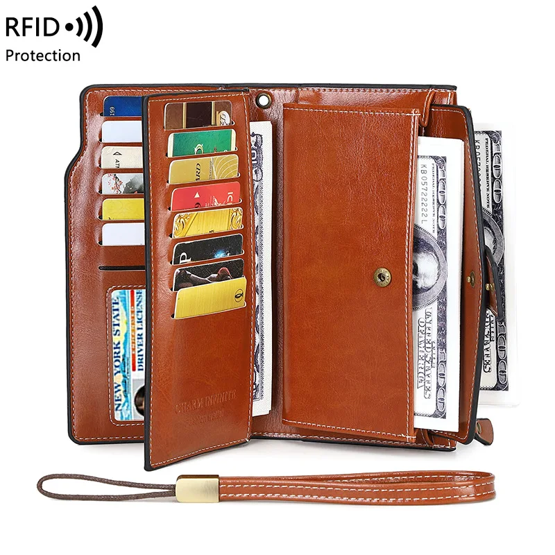 Western RFID Blocking PU Leather Women Wallet Multifunction Large Capacity Detachable Strap Purse for Ladies