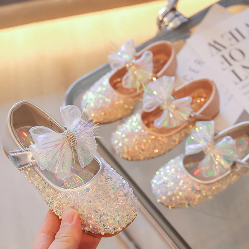 Girls Party princess shoes Bling Children Bow Rhinestone Wedding Performance Kids Flats 26-35