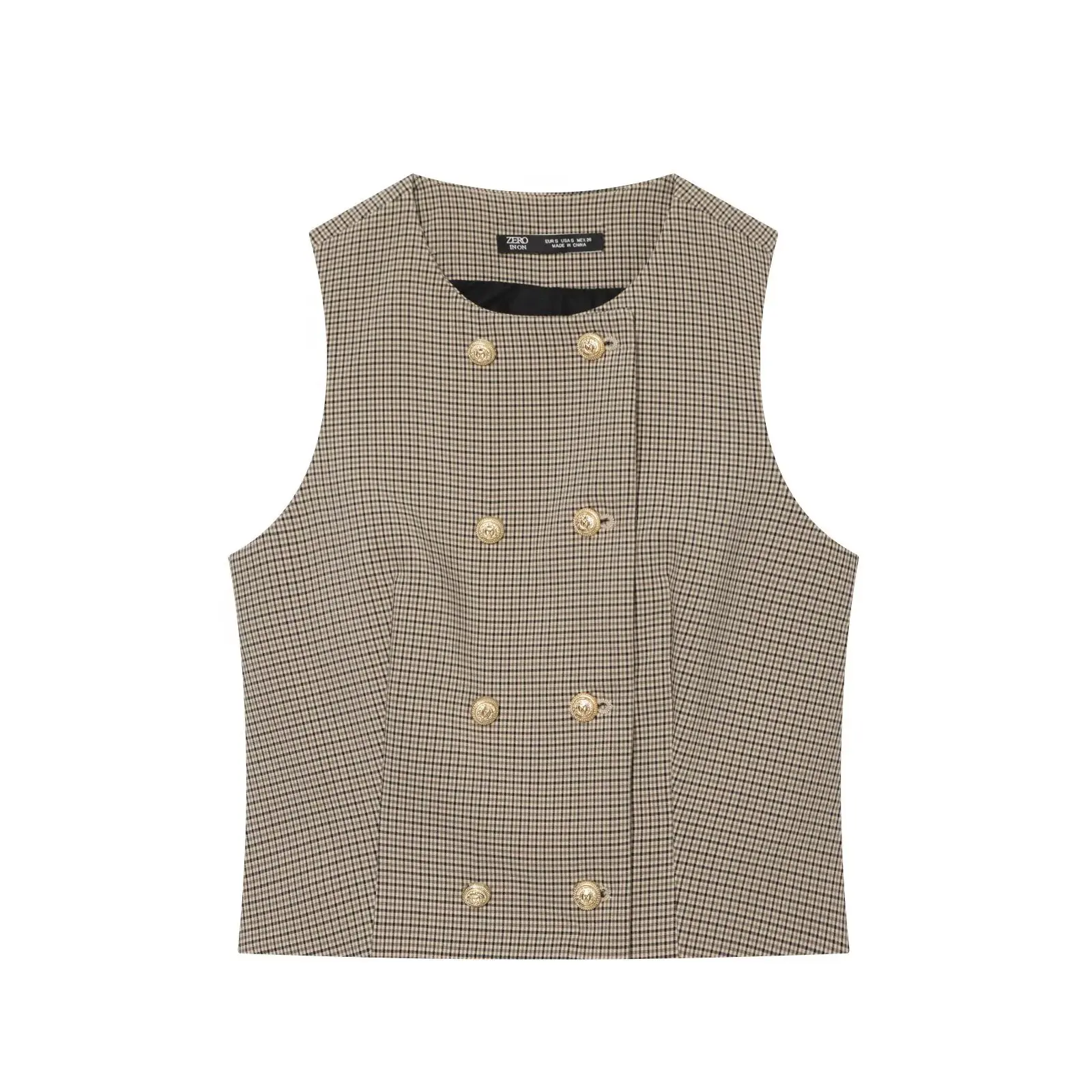 BSAY 2026 Vintage Büro-Damenanzug mit kariertem, doppelreihigem, kurz geschnittenem Gilet und hochtaillierter, weit geschnittener Hose mit Gürtel. – Detail 4