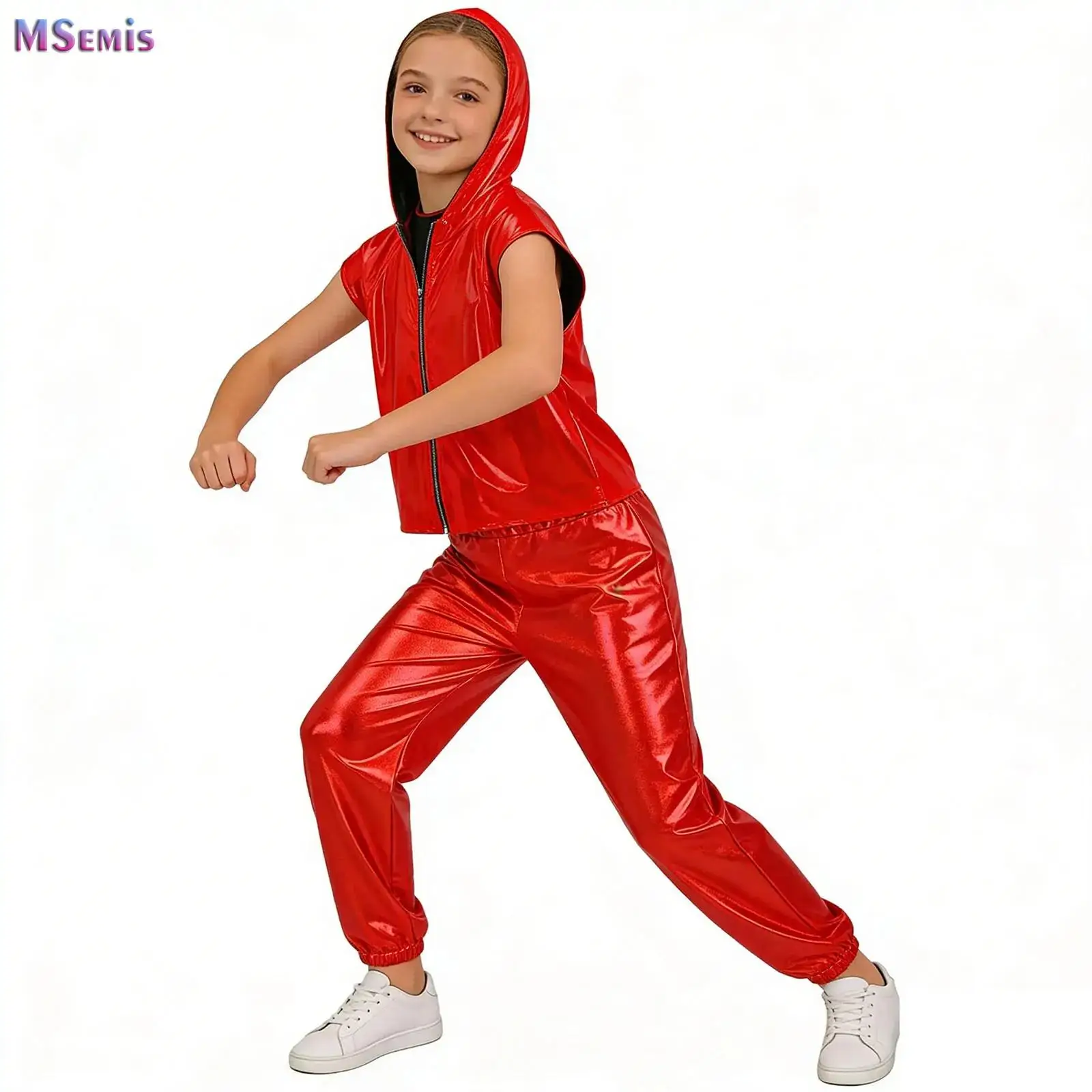 

Children Sleeveless Sparkling Sequins Hooded Crop Top with Metallic Pants Set Girls Hip-Hop Jazz Dance Performance Outfits