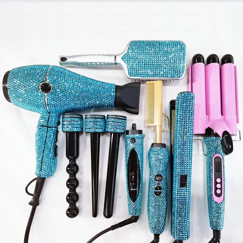 Hot hair tools set 6pcs salon hair styling tools bling professional hair dry and bling triple barrel curling