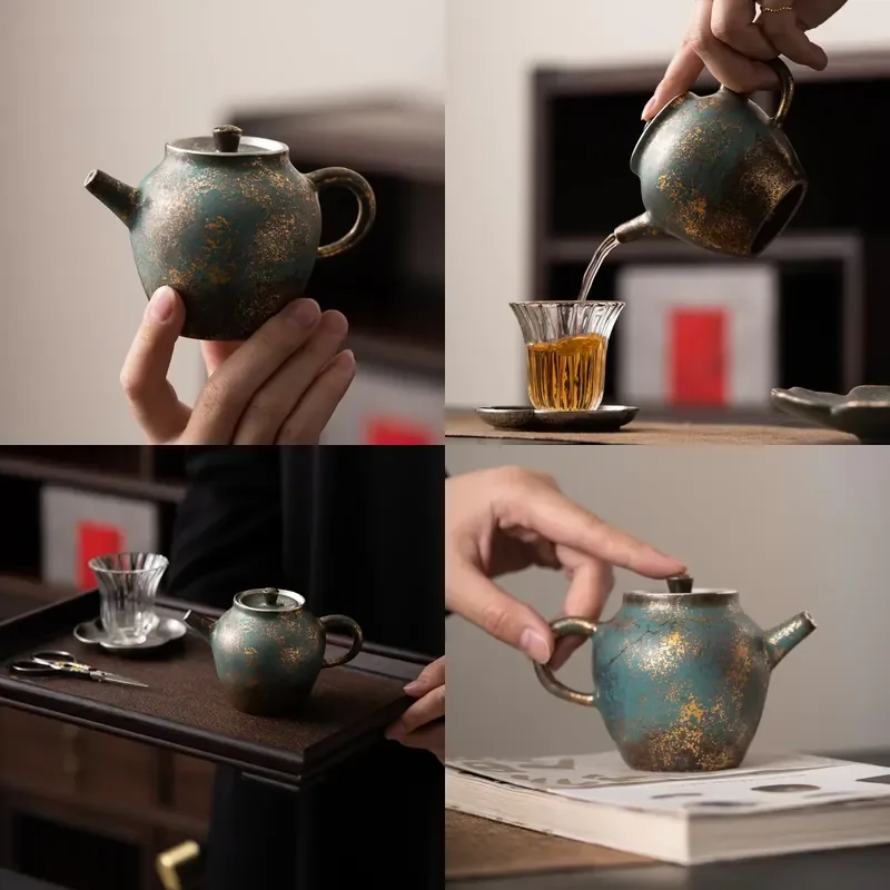 

【CHIMU HOME】 Evergreen Glaze Gold and Silver Color Leshan Pot for Vintage Small Teapot Kung Fu Set Hand Ewer Single