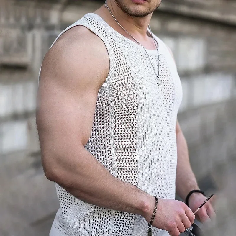 2024 Men's Summer Tank Top Lace Hollow Out Sleeveless Shirts Male Summer Clothing Slim Fit Gym Clothes Workout Solid Vest Tops