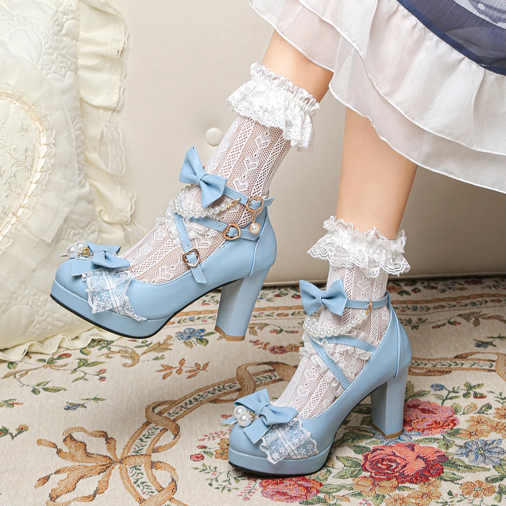 Cross Strap Pearl Women High Heels Mary Jane Pumps Party Wedding White Pink Black Strawberry Bow Princess Cosplay Lolita Shoes - view 2