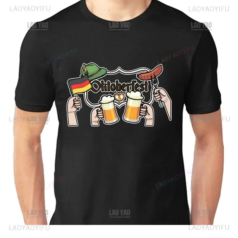 Oktoberfest Cartoon Graphic O-neck Tee Beer Print Hipster Wheat Fighting Tshirt Men Cotton Breathable Vintage Fashion Streetwear