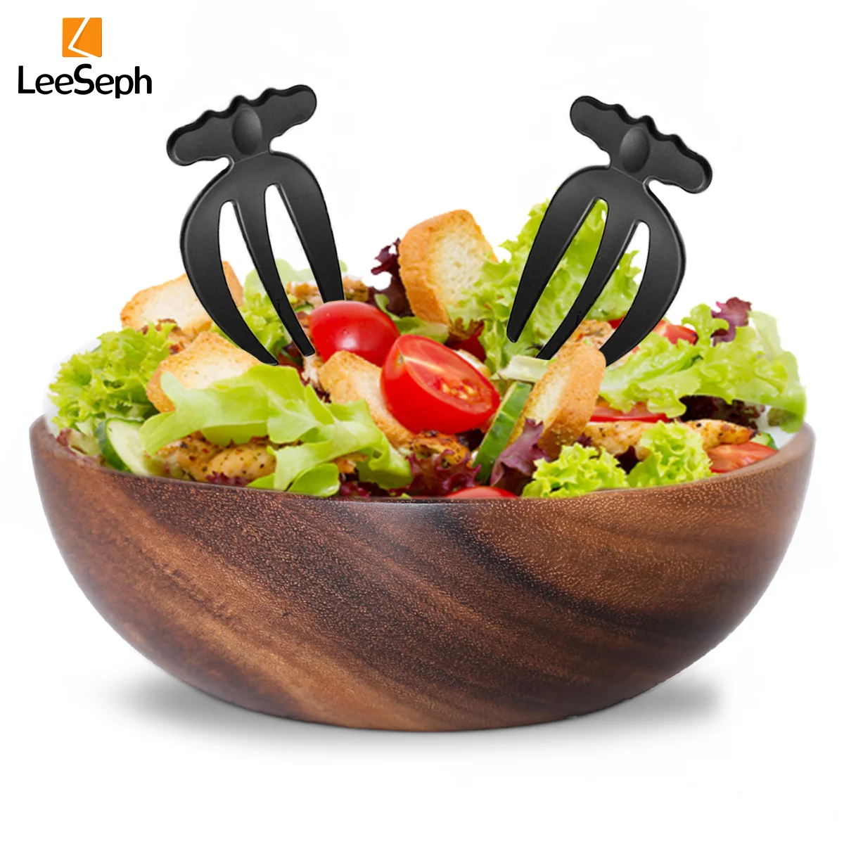 Ensaladera de madera de Acacia con Juego de 2 garras para ensalada, utensilios para servir ensaladas, Bol para mezclar ensalada de frutas, ensalada, cereales, escamas de maíz