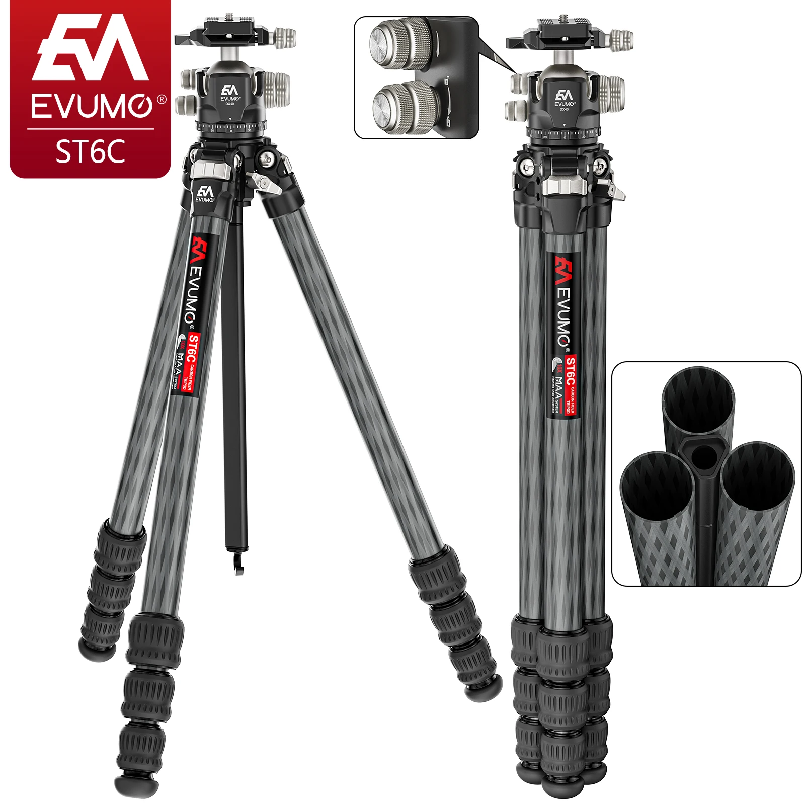 Carbon Fiber Tripod Compact Travel Tripod for Camera 69.2\'\' EVUMO ST6C Ultra Portable Arca Swiss Tripod for DSLR Max Load 20kg