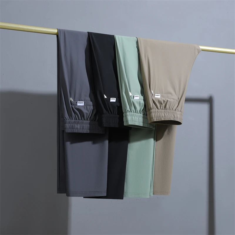 Ice Silk Men's Pants Summer New Black Gray Thin Business Casual Pants Outdoor Elastic Breathable Straight Leg Sweatpants