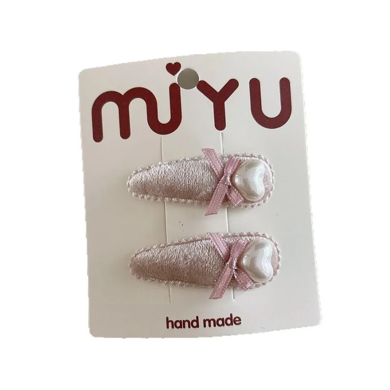 Korean Style Pink Color Velvet Hair Clips for Girls Pearl Bow Drop Shape BB Barrettes Cute Side Part Hairpins for Toddler Kids