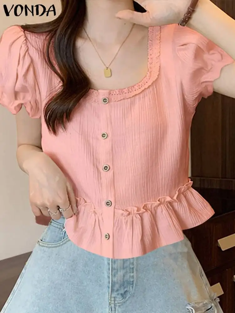 VONDA 2024 Fashion Women Shirts Short Sleeve Blouses Summer Casual Loose Square Collar Tunic Tops Button Ruffled Blusas Feminina