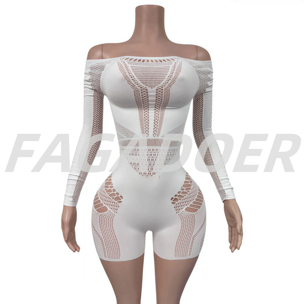 FAGADOER Sexy Lace Hollow Out Perspective Bodycon Rompers Women Off Shoulder Long Sleeve Backless Slim Jumpsuits Female Overalls