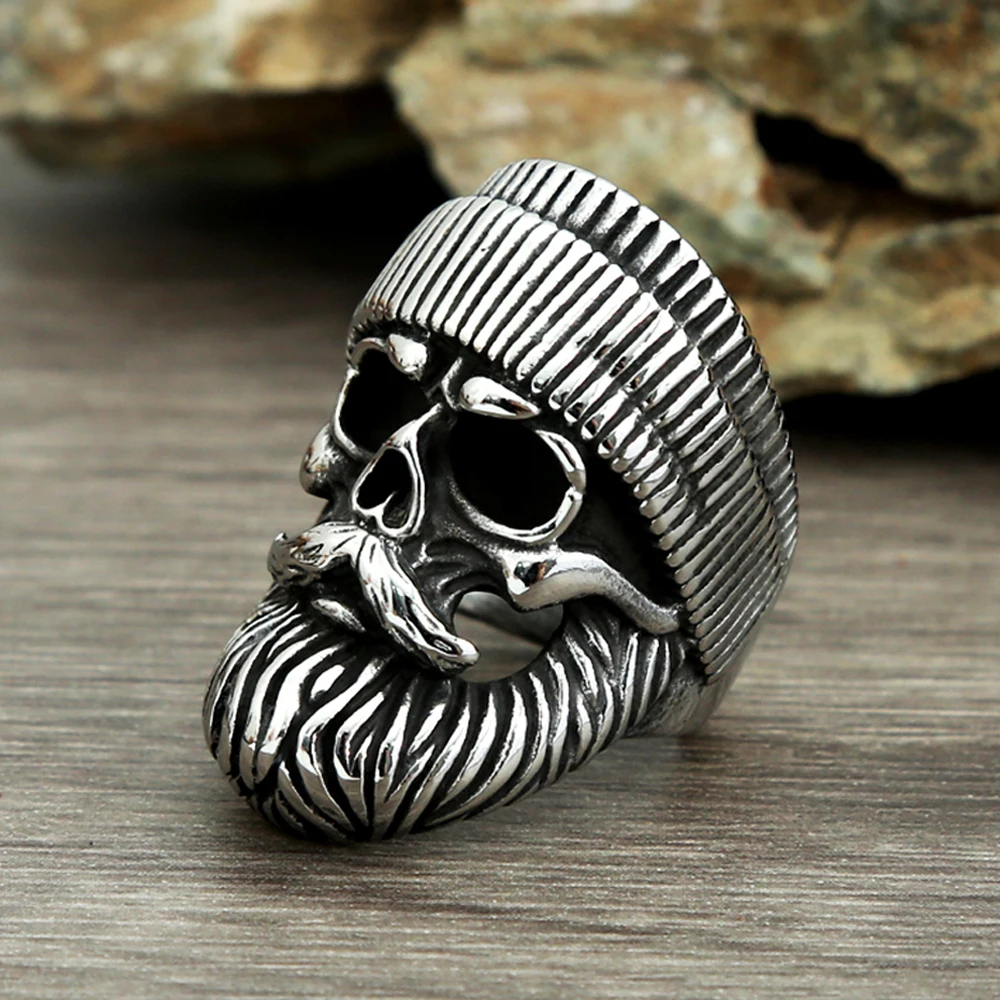 Retro Gothic Hat Big Beard Skull Ring For Men Boys Stainless Steel Punk Street Biker Skull Rings Fashion Jewelry Gift Wholesale