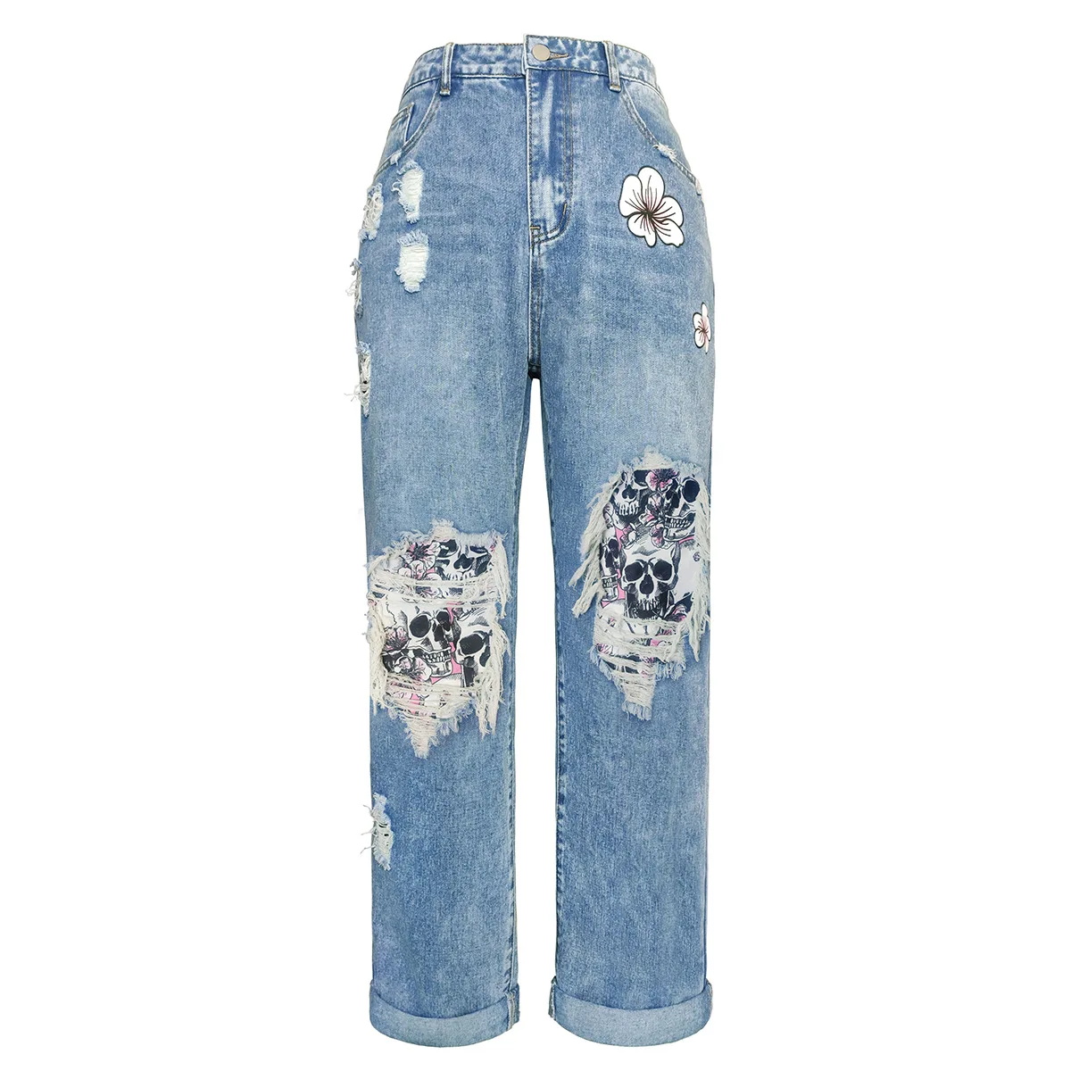 

American Retro Jeans Patchwork Print Ripped Craft Skull Street Thickened High Waist Long Pants Women Jeans