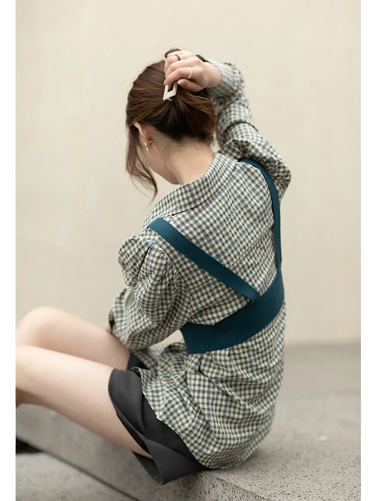 MISHOW Plaid Shirt for Women Knitted Vest Crop Tops Spring New Button Up Long Sleeve Vintage Blouse Female Separately MXB12Z0296