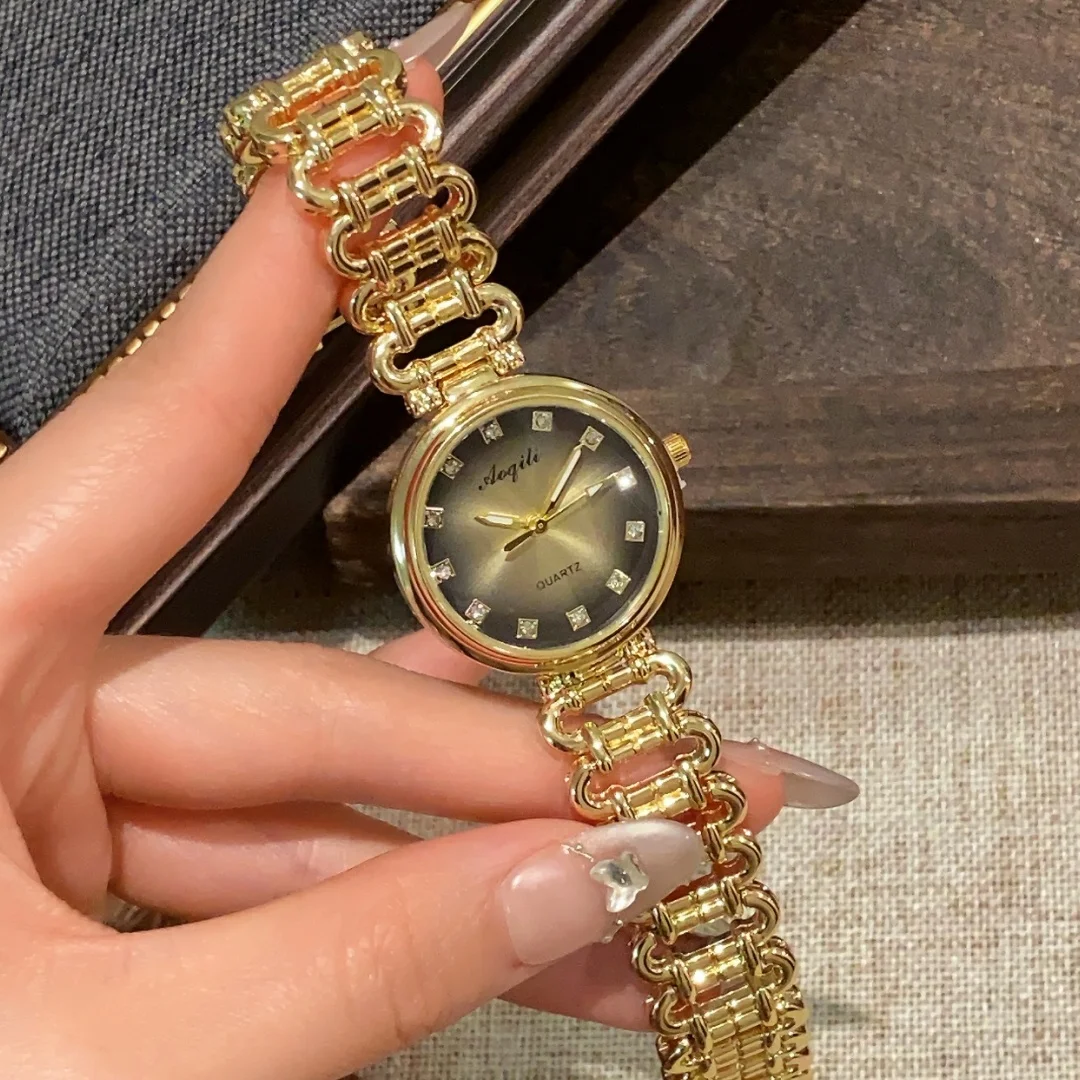 

Модные позолоченные часы для женщин, браслет с круглым циферблатом, женское платье, кварцевые часы, элегантные наручные часы Relogio Feminino
