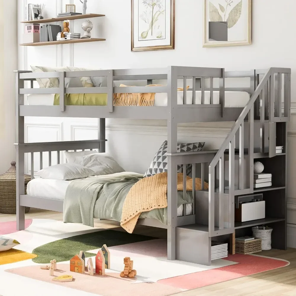 Solid Wood Bunk Bed Frame with Storage and Guard Rail for Bedroom, Dorm, for Kids, Teens, Adults