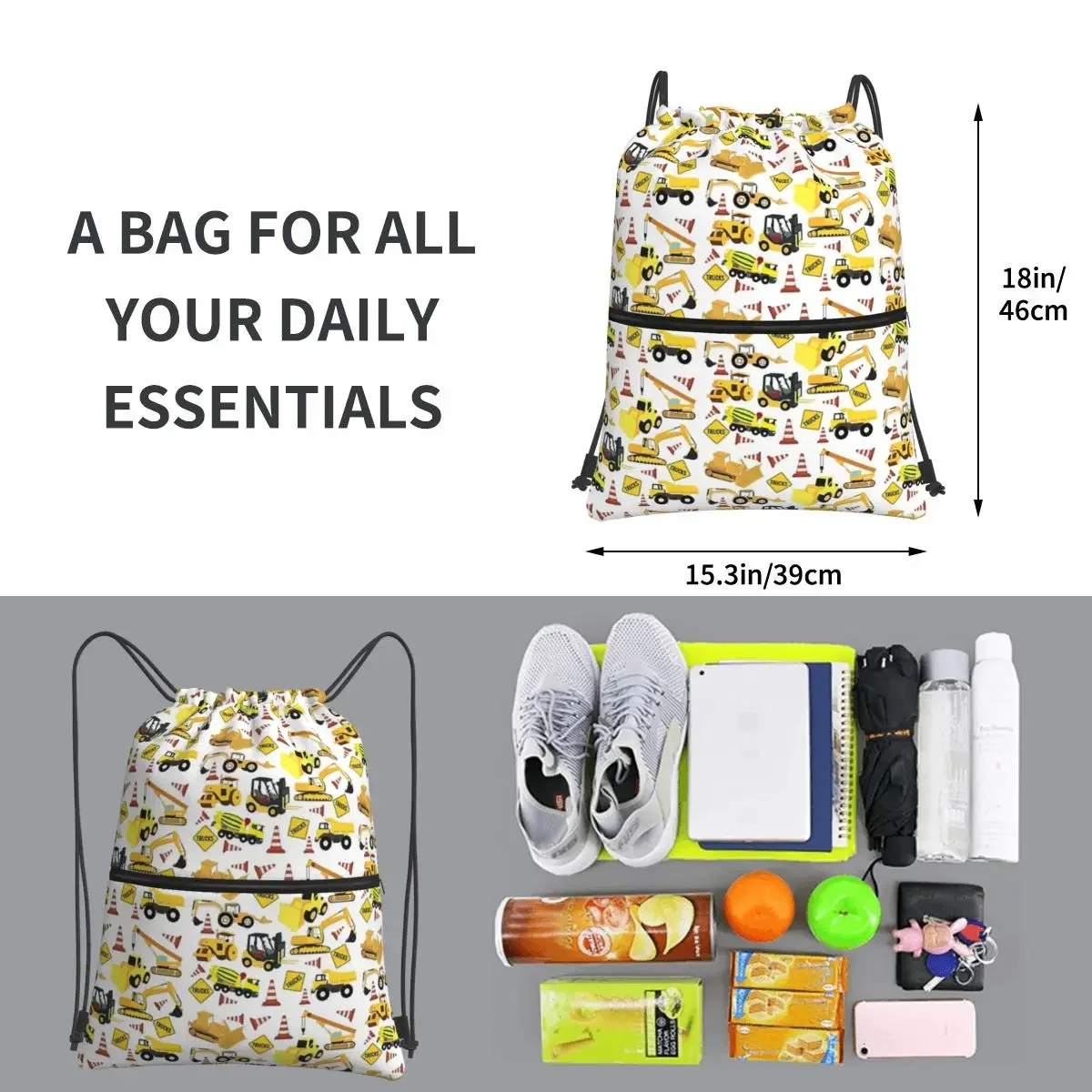 Construction Trucks Pattern Portable Backpacks Drawstring Bag Casual Drawstring Bundle Pocket Sundries Bags For School Students