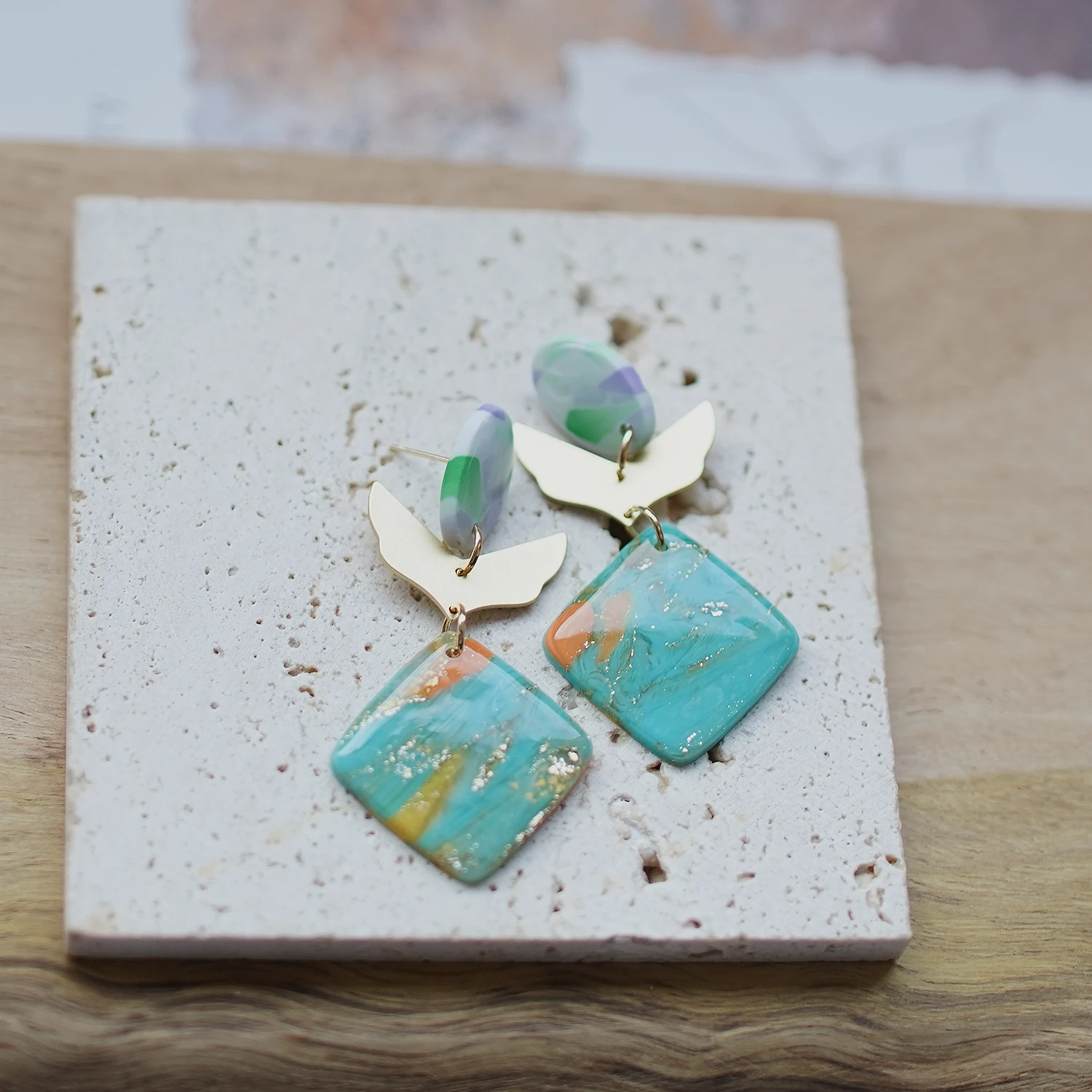Spring Summer Women\'s Fashion Trendy Marble Enamel Square Dangle Earrings Handmade Polymer Clay with Brass Metal for Accessories