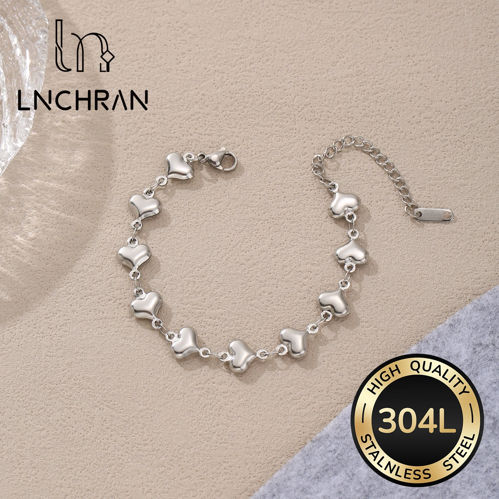 Golden Heart Link Bracelet 304L Stainless Steel Adjustable for Women