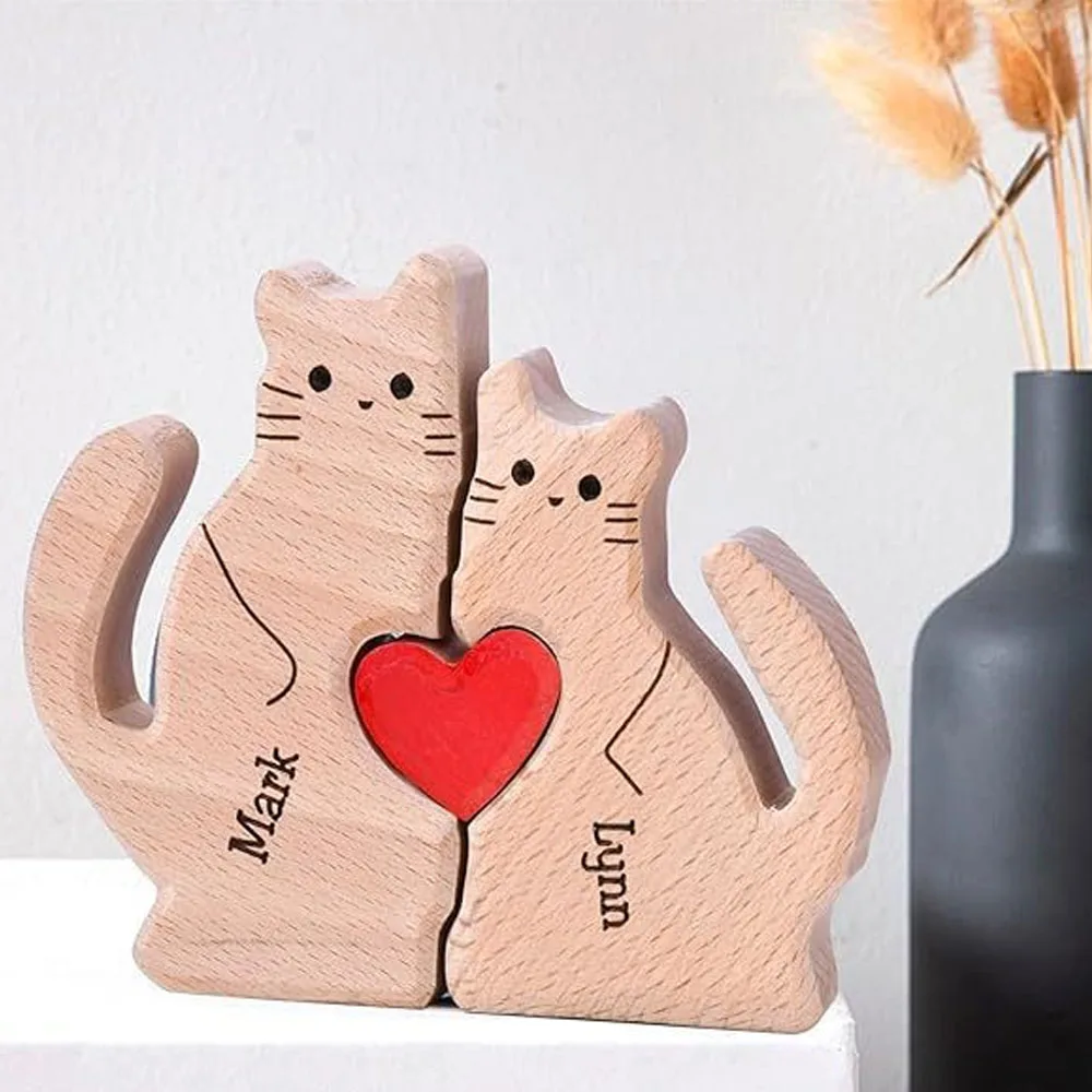 

CAT Family Puzzle Christmas Gifts Personalized Wooden Custom Engraving Names Sculpture Home Holiday Decor for Mom and Dad