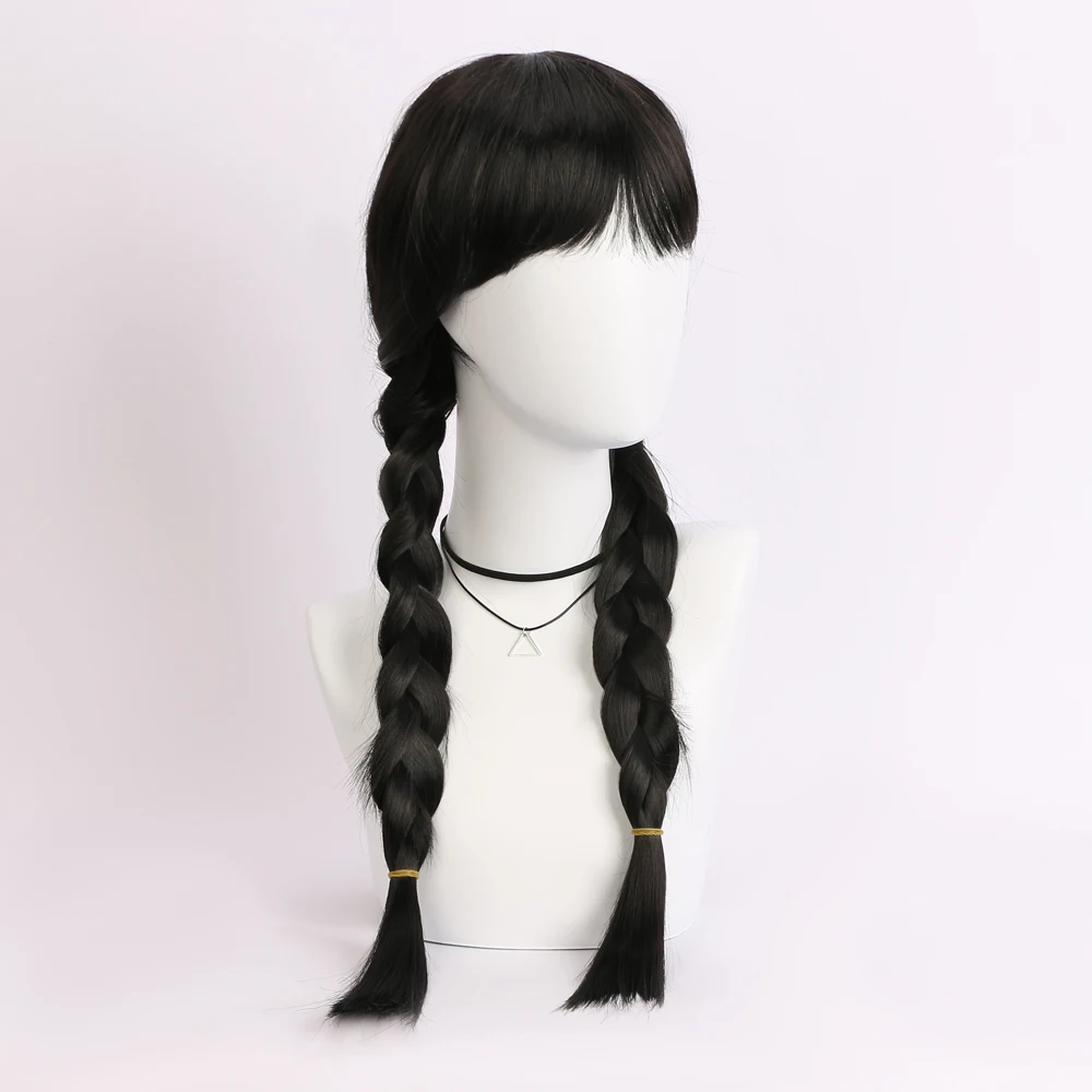 26 Inch Synthetic Cosplay Wig Long Black Braids Hair With Bangs Natural Looking For Women Christmas Costume Party Halloween