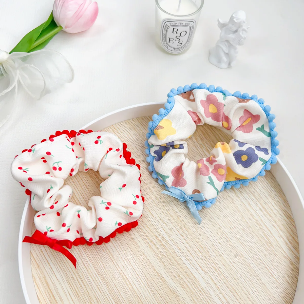 Personality lady style temperament flower fabric hair band cute bow hair rope high elastic rubber band small fresh and versatile