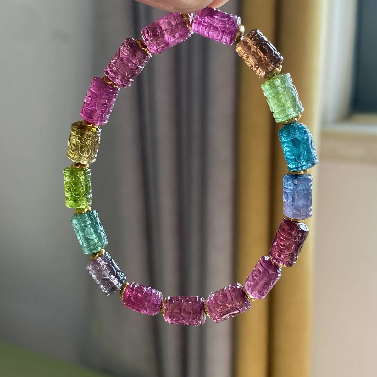 Natural Colorful Tourmaline Quartz Carved Bracelet 6/9mm Clear Beads Blue Green Tourmaline Rare Women Men Crystal AAAAAAA