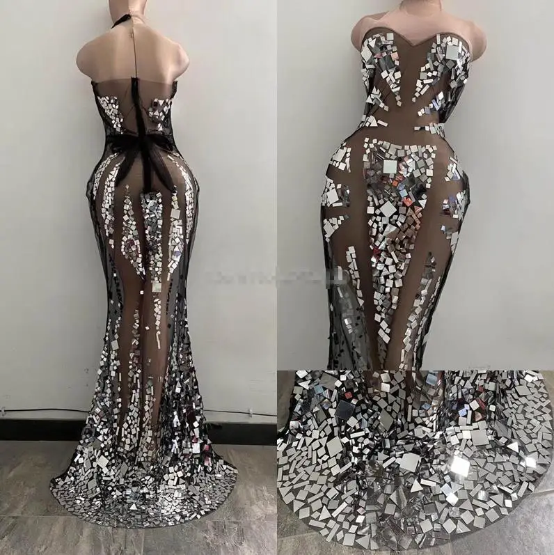 

Sexy Women see through mirror dress party girl stage show Sequin Transparent Net Long Dresses Birthday Celebrate Dress