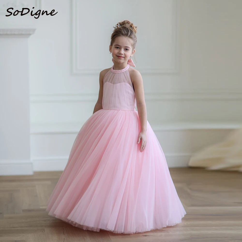 SoDigne-vestido acampanado de tul con flores para niña, falda sin mangas con cuello Halter, vestidos de fiesta para niña, vestido de princesa para niño personalizado