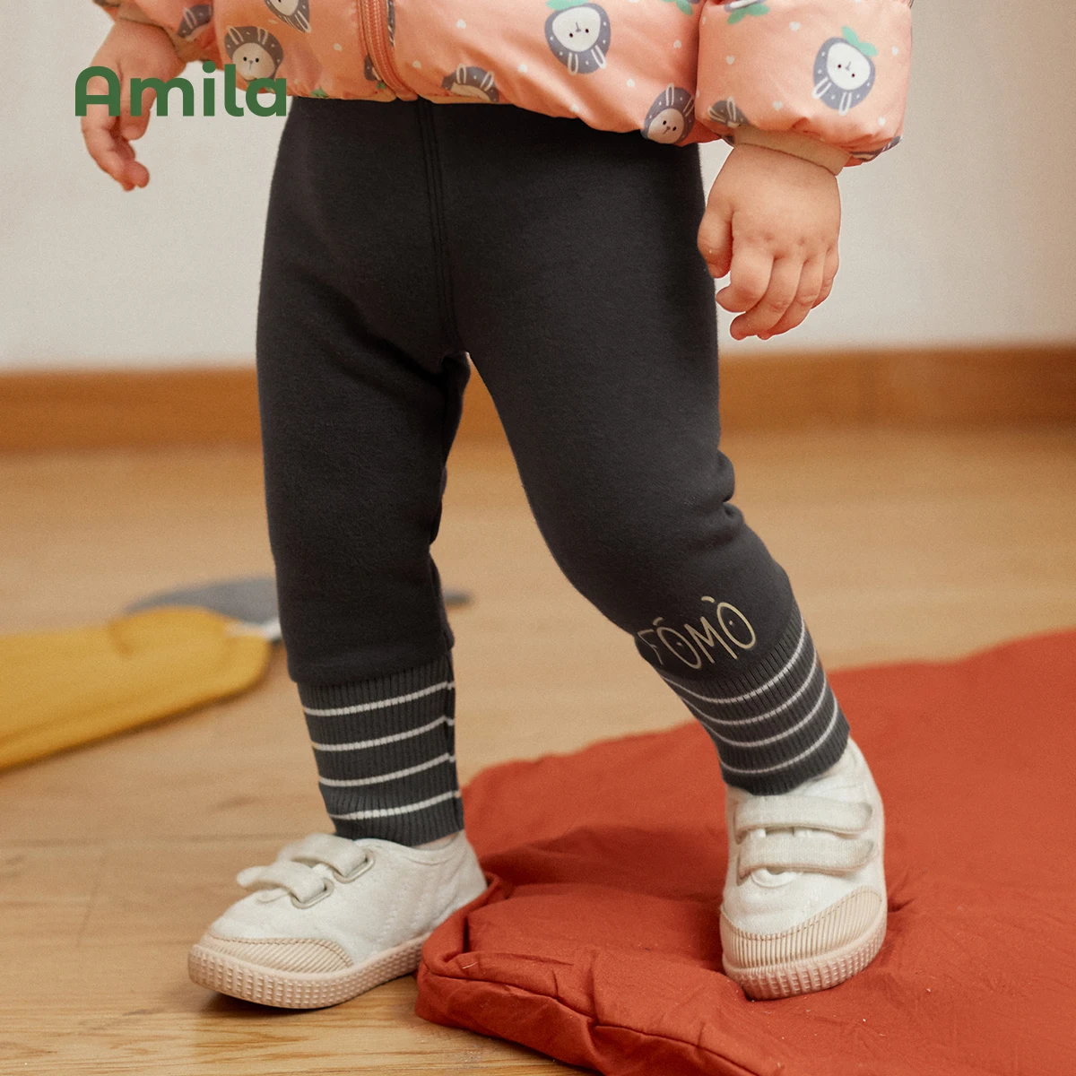 Amila Baby Pants 2024 Winter New Solid Color Cotton Cute Cartoon Trouers Casual  Children Clothes Fashion