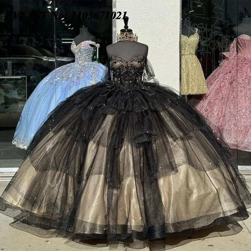 

EVLAST Customized Mexican Champagne Black Quinceanera Dress Ball Gown Applique Beading Sweet 16 Vestidos De XV 15 Anos SQ87