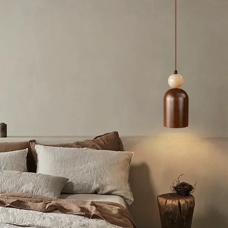 TechHPJapanese Wabi-Sabi Stone Pendant Light Led Yellow Travertine Hanging Lamp For Bedroom Bedside