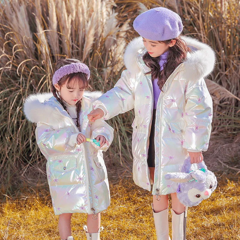 RAISE 2024 Winter Children Down Jacket For Girl Embroidered Hooded Shiny Junior Girl Mid-length Outerwear 5-14 Years Kids Parkas