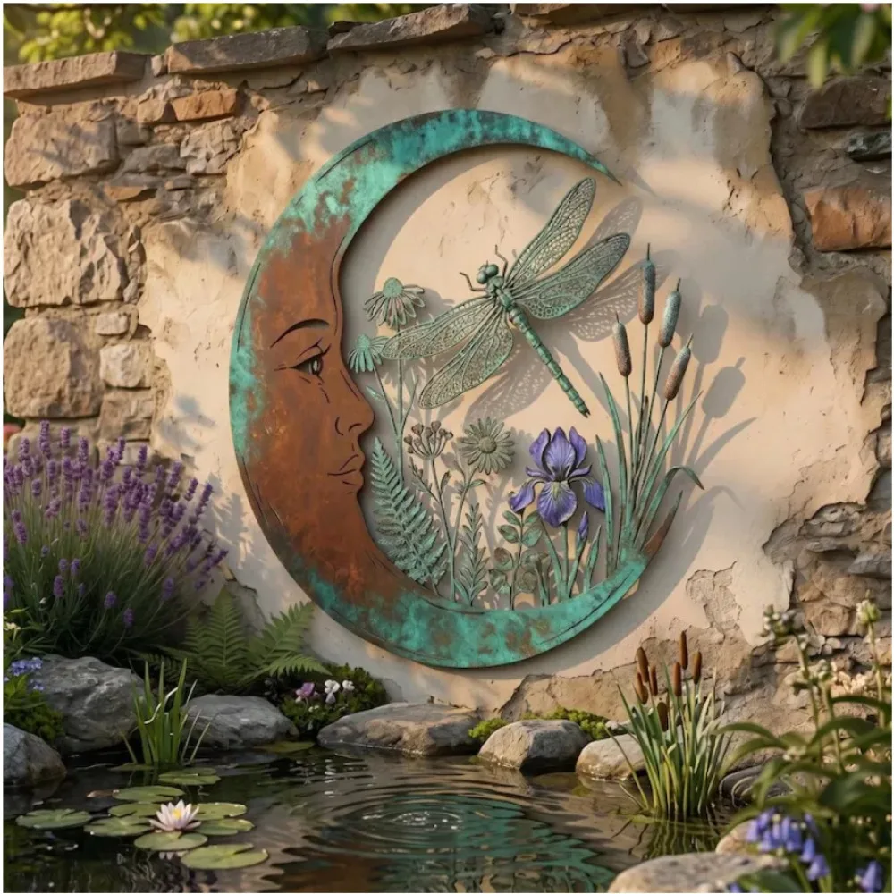 3D Moon Fairy Wall Decor Iron Distressed Finish Round Celestial Wall Sign Hummingbird Garden Decor Outdoor Accent