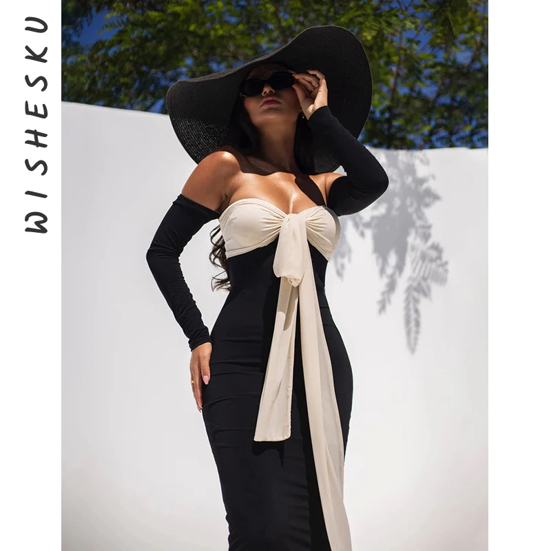 

Sexy Patchwork Bowknot Strapless Bodycon Maxi Dress Women Off Shoulder Long Sleeve Party Vestido 2024 Spring Fall Y2K Clothes