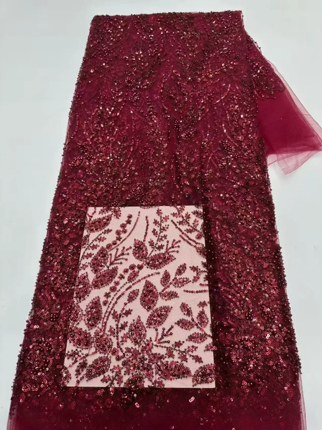 Luxury African Beaded Lace Fabric High Quality 2026 Beads 3d Embroidery French Tulle Laces 5 Yards for Nigerian Wedding Dress view 3