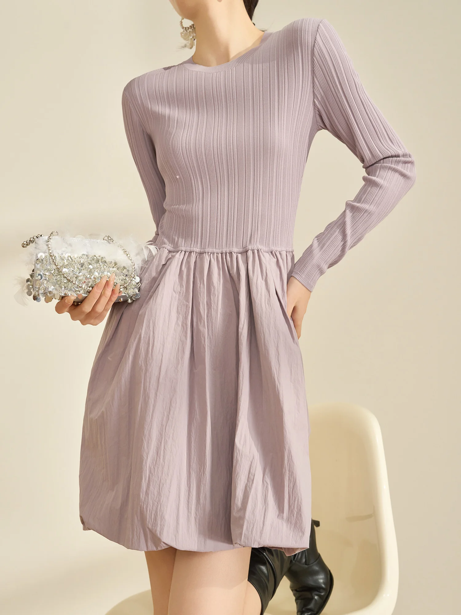 

Flowing Era Purple Splicing Design Slimming Bloom Dr Spring New Sle Beautiful Long Sve Knitted A-Line Skirt for Women