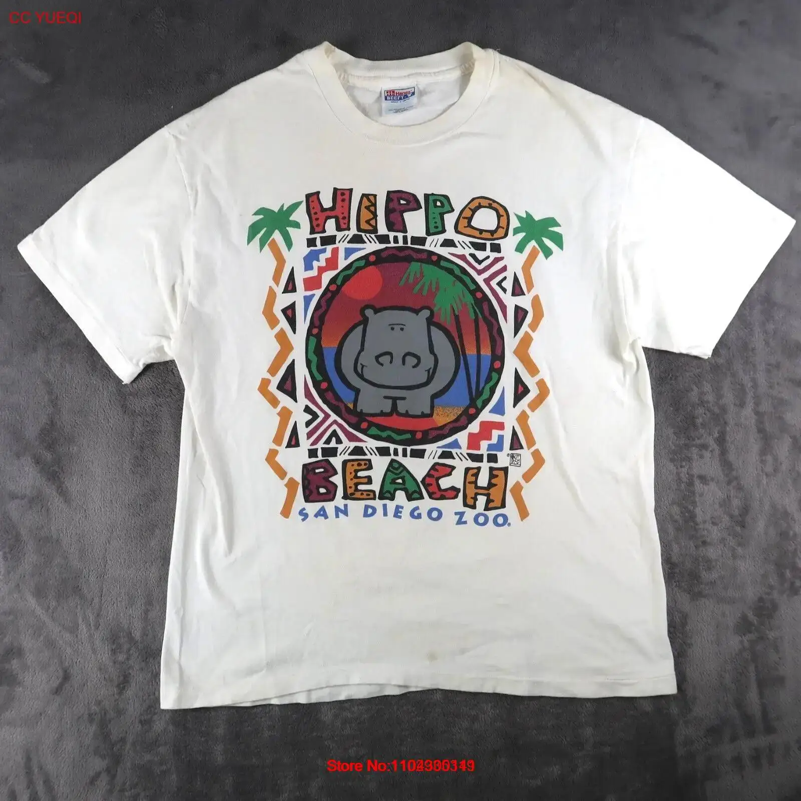 Vintage 90s San Diego Zoo Hippo Beach T Shirt Men’s Size Large L White Animal