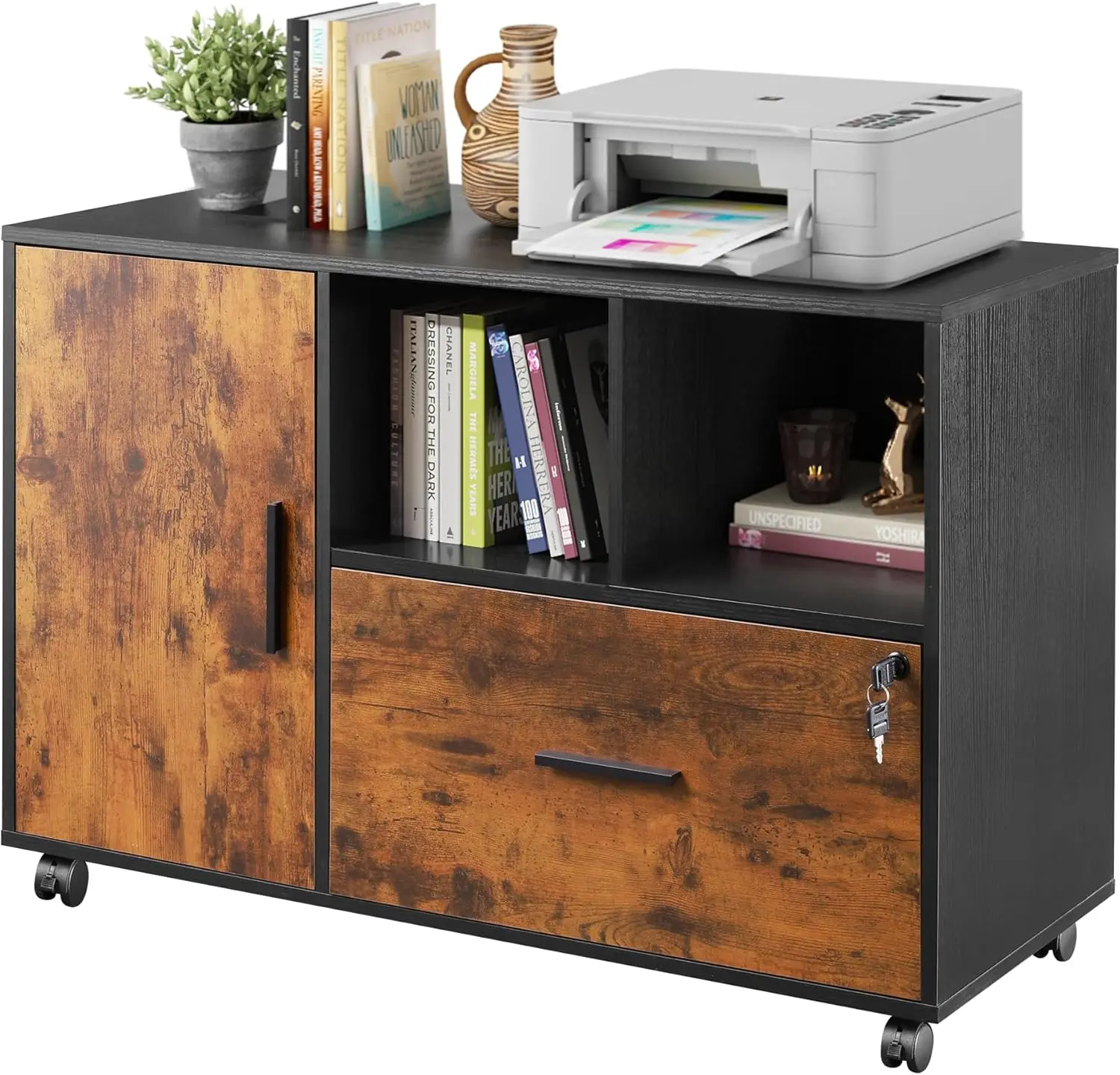 Lateral File Cabinet w/ Lock, 1-Drawer Rolling File Cabinets on Wheels, Wood Printer Stand with Open Storage Shelf, Rustic Brown