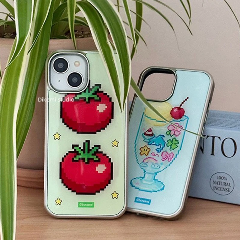 Cute Pixel Tomato Ice Cream Soda Water Electroplated Drip Glue Phone Case For iPhone 17 Air 16 Pro Max 15 14 13 12 11 Back Cover
