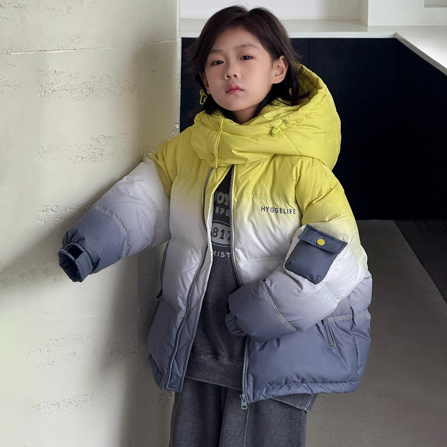 

Korean Hooded Gradient Color Puffer Jacket Boys New Fashion Casual Loose Zip-up Coat Ladies 2025 Winter Thick Warm Parka 6-14Y