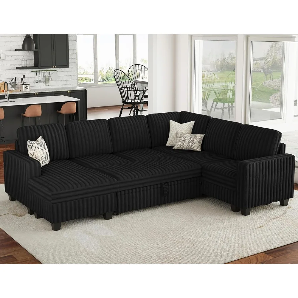 

Corduroy Sleeper Sofa Bed with Storage Chaise Modular Sectional Sofa Couch with Pull Out Bed L Shaped Sectional Couches for Liv