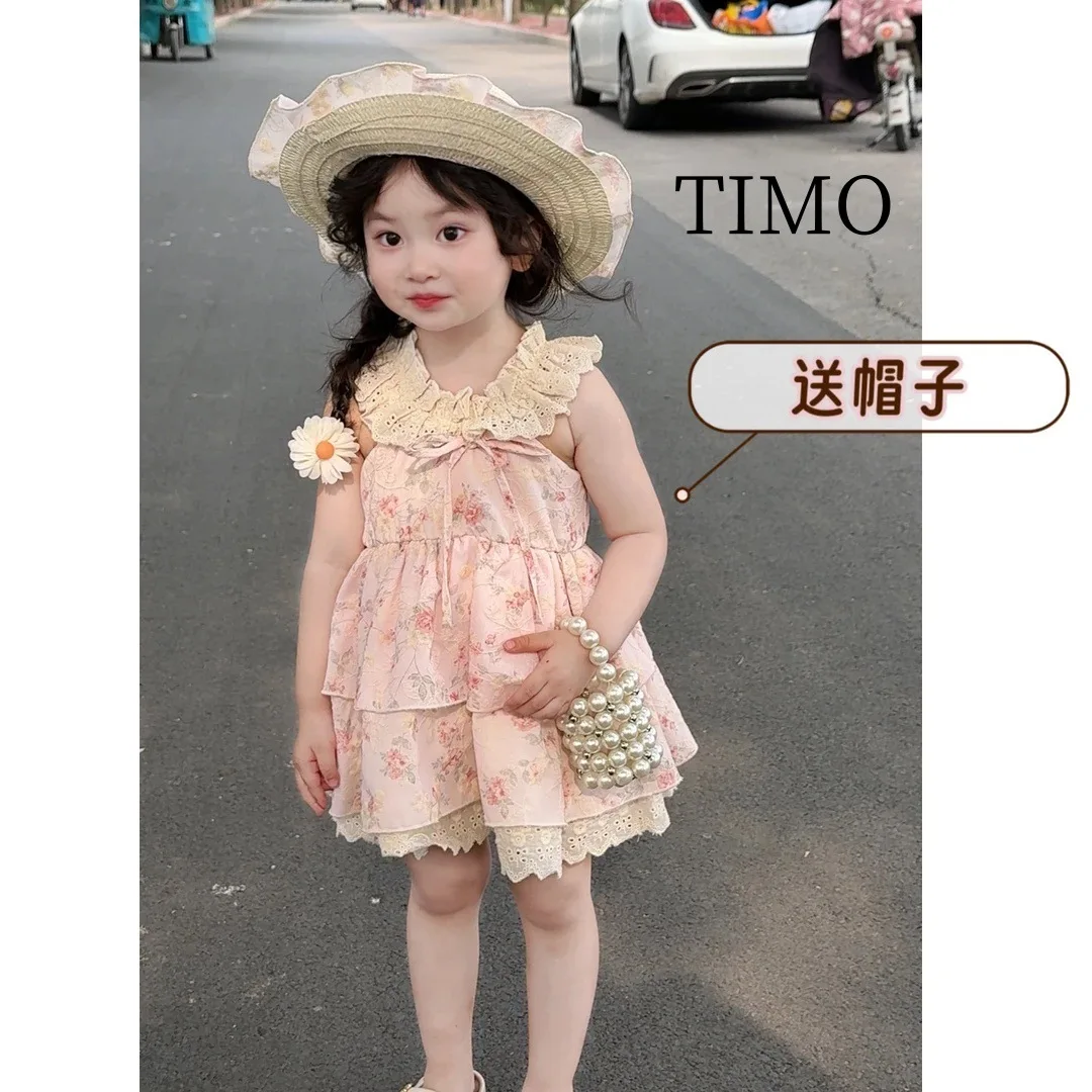 

French Sweet Floral Small Flying Sleeve Suspender Dress, Summer New Daughter Princess Pastoral Waist Tutu