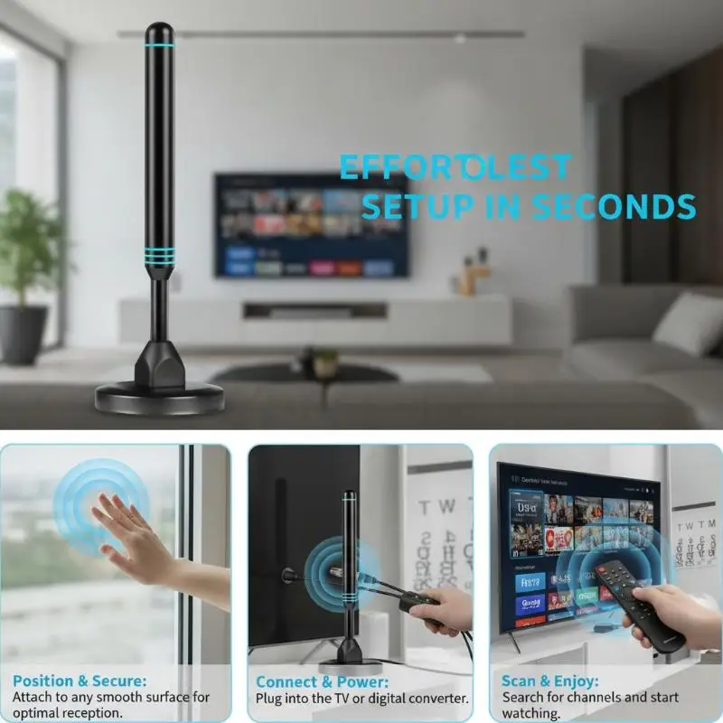 4K HD Digital TV Antenna Magnetic Base 480 Miles Reception VHF UHF DVB T2 for Indoor Outdoor RV Travel Use