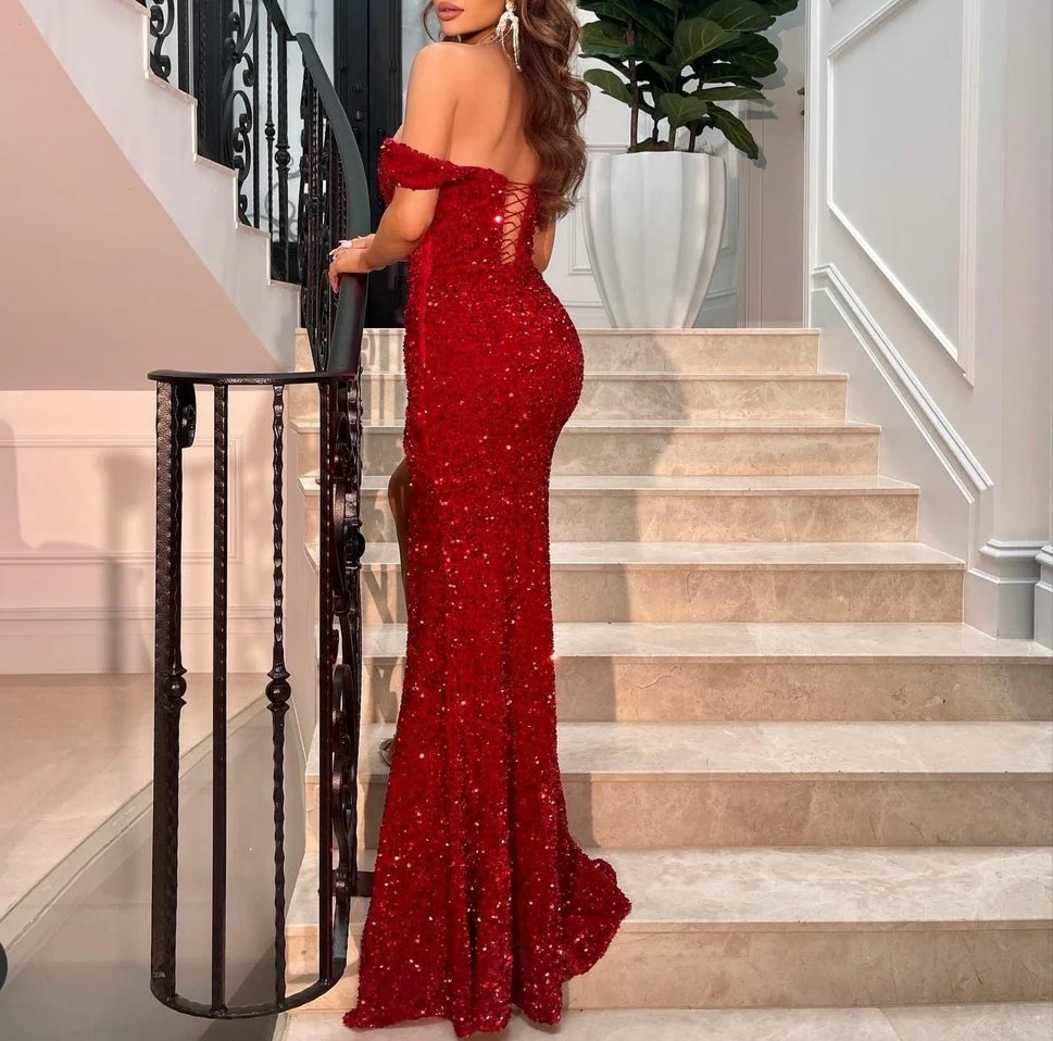 Trumpet/Mermaid Elegant Red Sequin Evening Dresses Sexy Side Slit Off Shoulder Floor Length Formal Back Zipper Prom Gowns