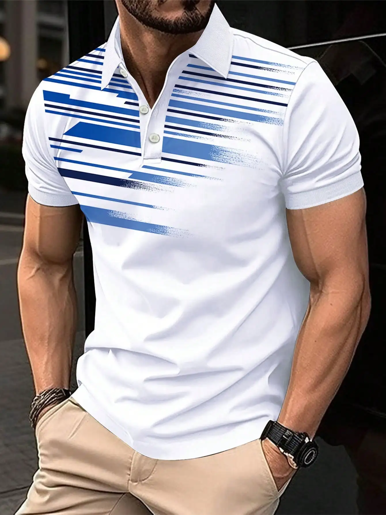 

Men's Short Sleeve Polo Shirt with Abstract Blue Stripe Print - Casual Outdoor Wear
