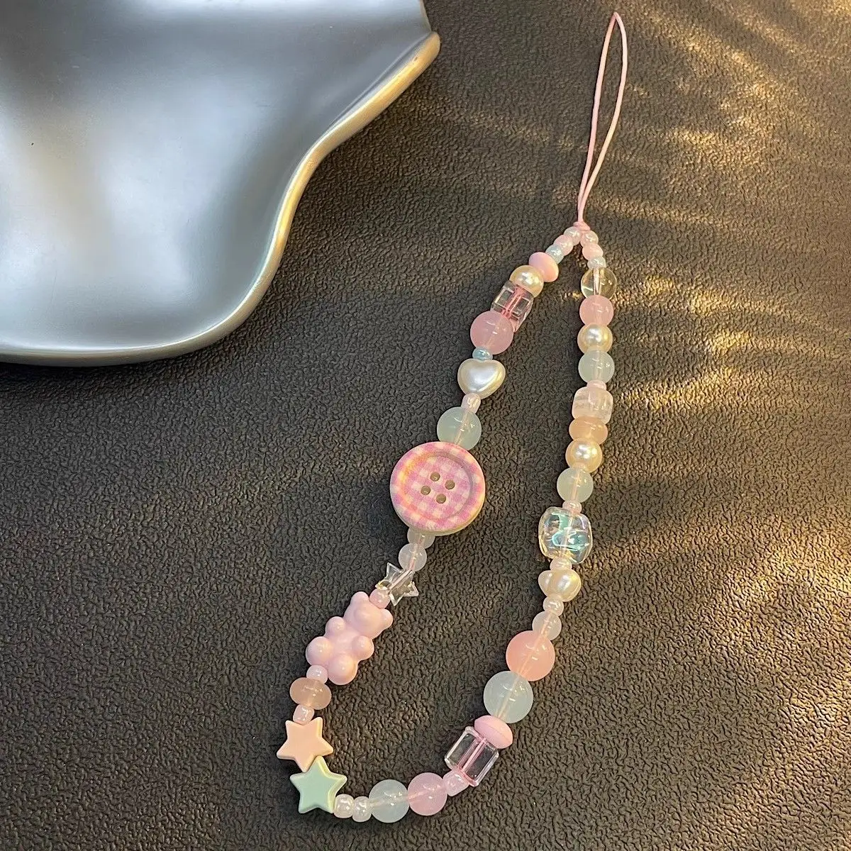 Korean Sweet Cute 3D Pink Button Beaded Phone Chain Charm Lanyard For iPhone Samsung Universal Anti-Loss Hanging Rope Jewelry
