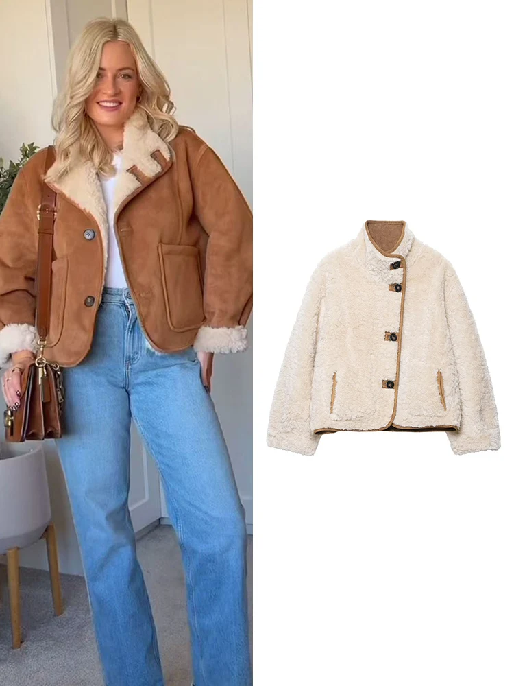 

TFMLN модная женская короткая куртка повседневная флисовая двусторонняя куртка с длинным рукавом и воротником-стойкой Тедди осень-зима шикарная верхняя одежда