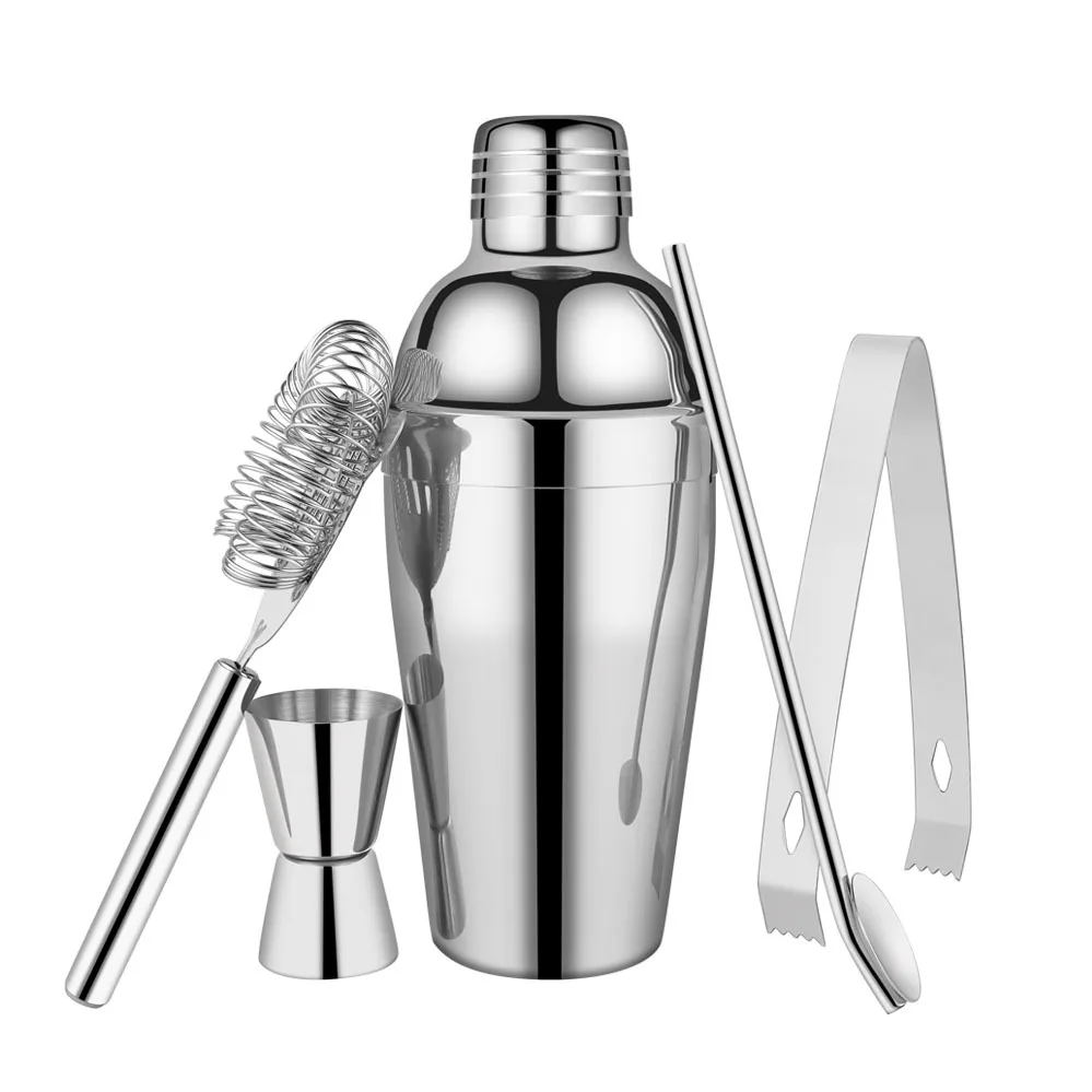 

European Style Cocktail Shaker Set 304Stainless Steel Bar Tools with Jigger Mixing Cup Strainer and Ice Tongs Gift Home Bar