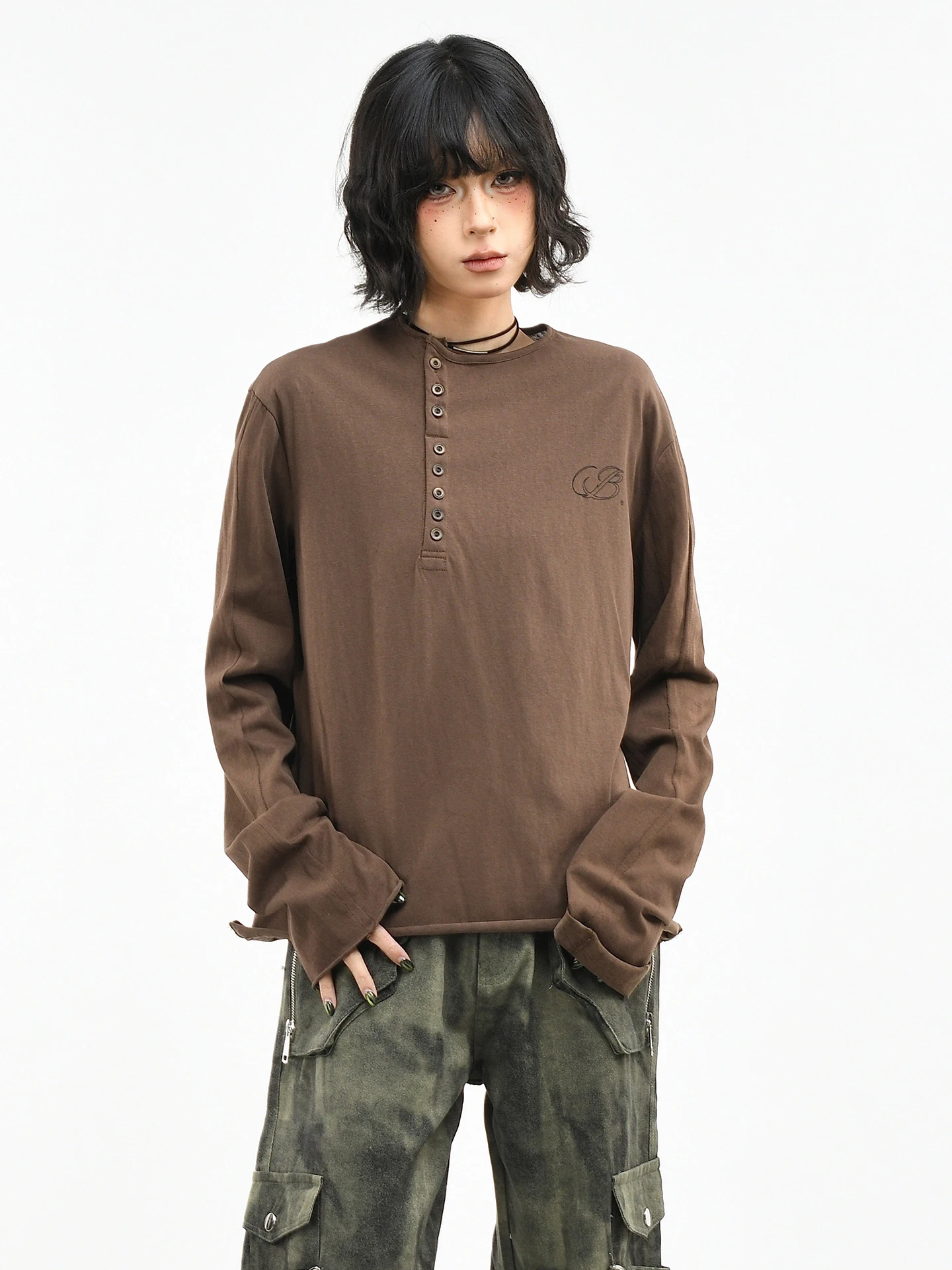 

Оригинальная американская футболка OV с длинным рукавом и воротником хенли, женская, свободного кроя, тонкая, повседневная, хлопковая, весенняя коллекция